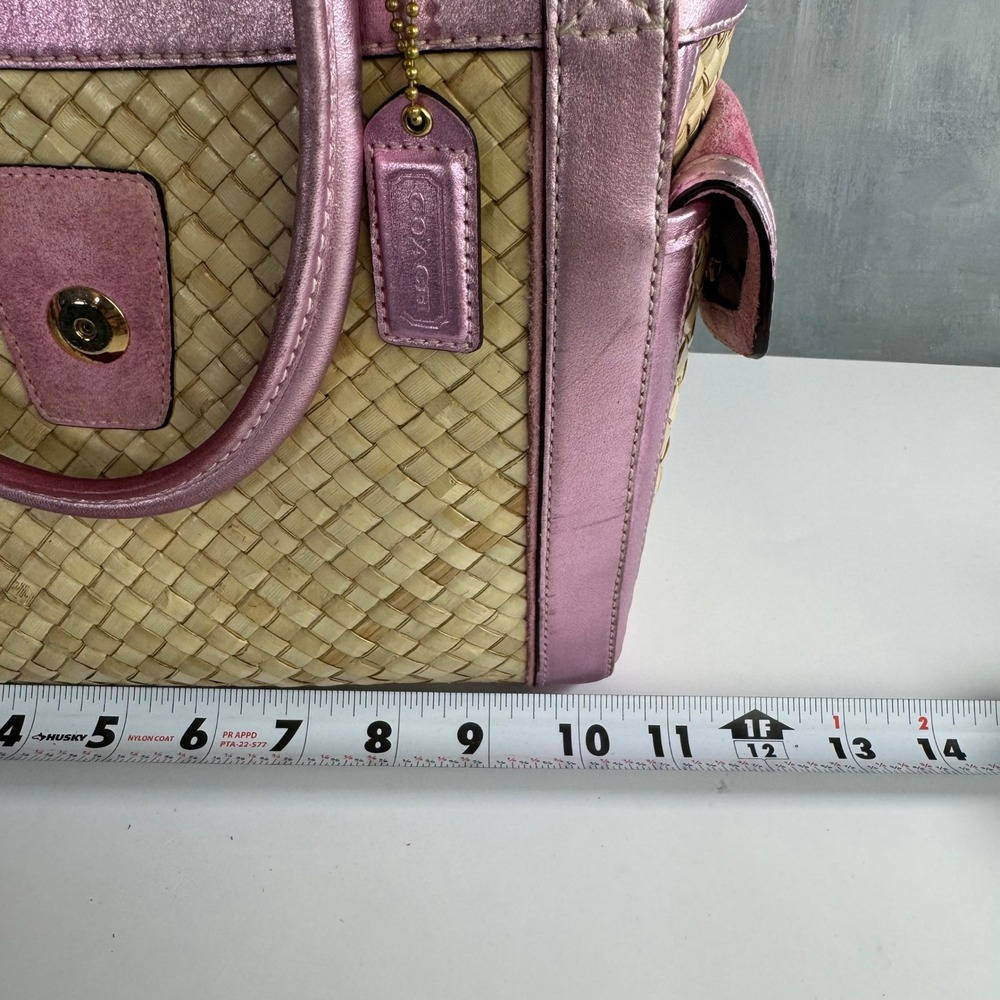VTG Coach Straw Tote Women Pink Metallic Leather Suede Woven Basket Bag Y2K 4419 - Picture 7 of 15